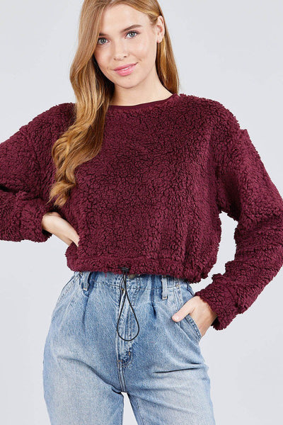 Burgundy Fluffy Faux Fur Crop Top Sweater